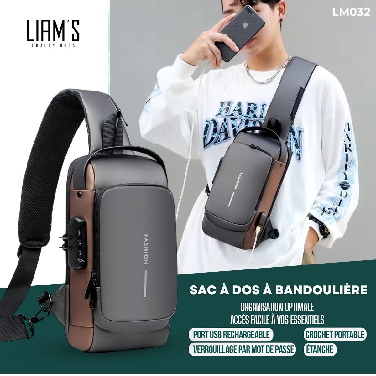 Sac à dos à bandoulière pratique LM032 – Image 4