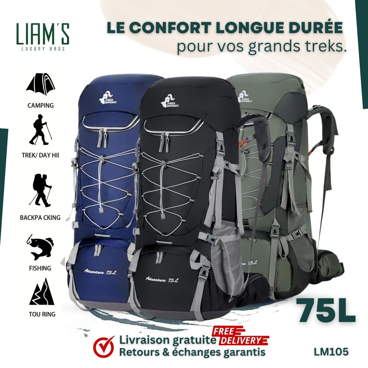 Sac à Dos Trekking Ergonomique & Imperméable LM105